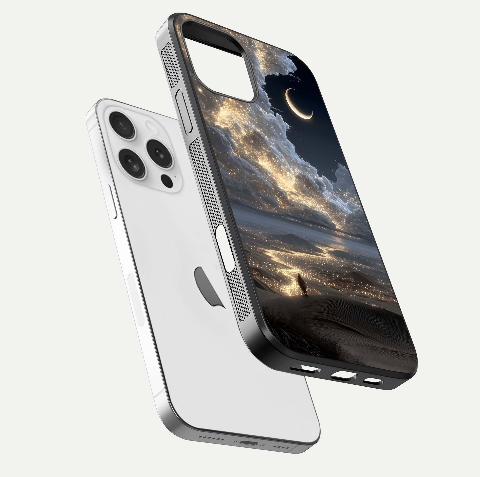 Moonlight Spark Path Glass Case for iPhone 16 Pro floating dual-view mockup showing gloss finish and shine depth
