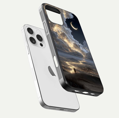 Moonlight Spark Path Glass Case for iPhone 16 Pro floating dual-view mockup showing gloss finish and shine depth