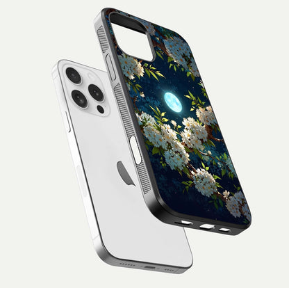 Moonlit Blossom Dream Glass Case for iPhone 16 Pro floating dual-view mockup showing gloss texture and floral tone