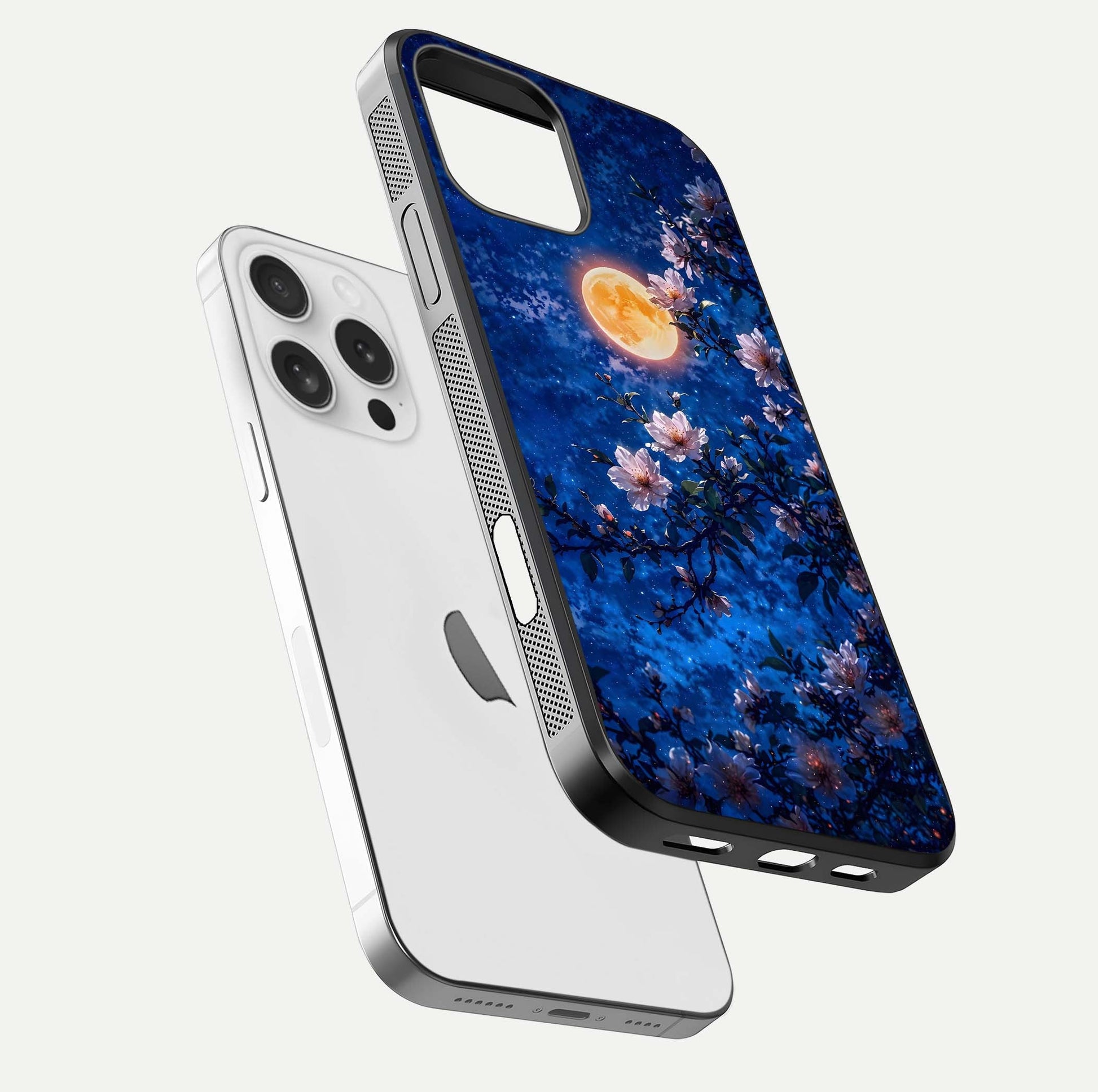Moonlit Blossoms Night Glass Case for iPhone 16 Pro floating dual-view mockup showing HD gloss and floral contrast