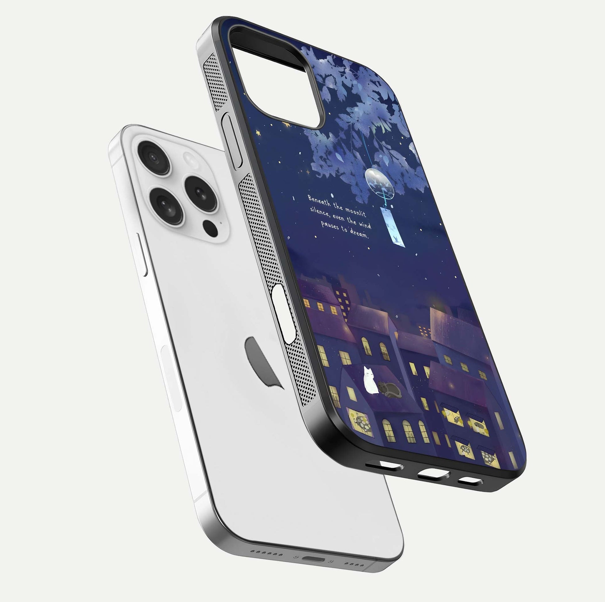 Moonlit Cat Silence Glass Case for iPhone 16 Pro floating dual-view mockup showing gloss reflection and moon art