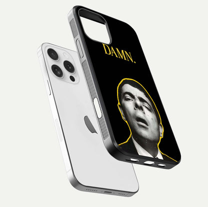 Mr Bean Damn Glass Case for iPhone 16 Pro floating dual-view mockup showing reflective gloss and vivid tones