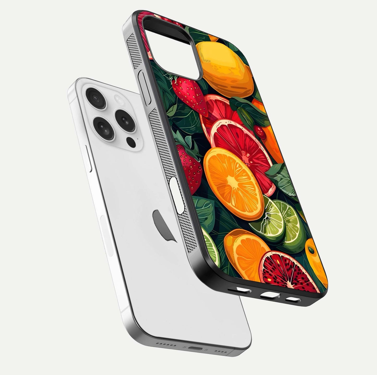 Multiple Fruits Glass Case for iPhone 16 Pro floating dual-view mockup showing reflection depth and freshness