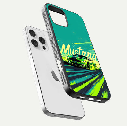 Mustang Bang Glass Case for iPhone 16 Pro floating dual-view mockup showing gloss depth and power design