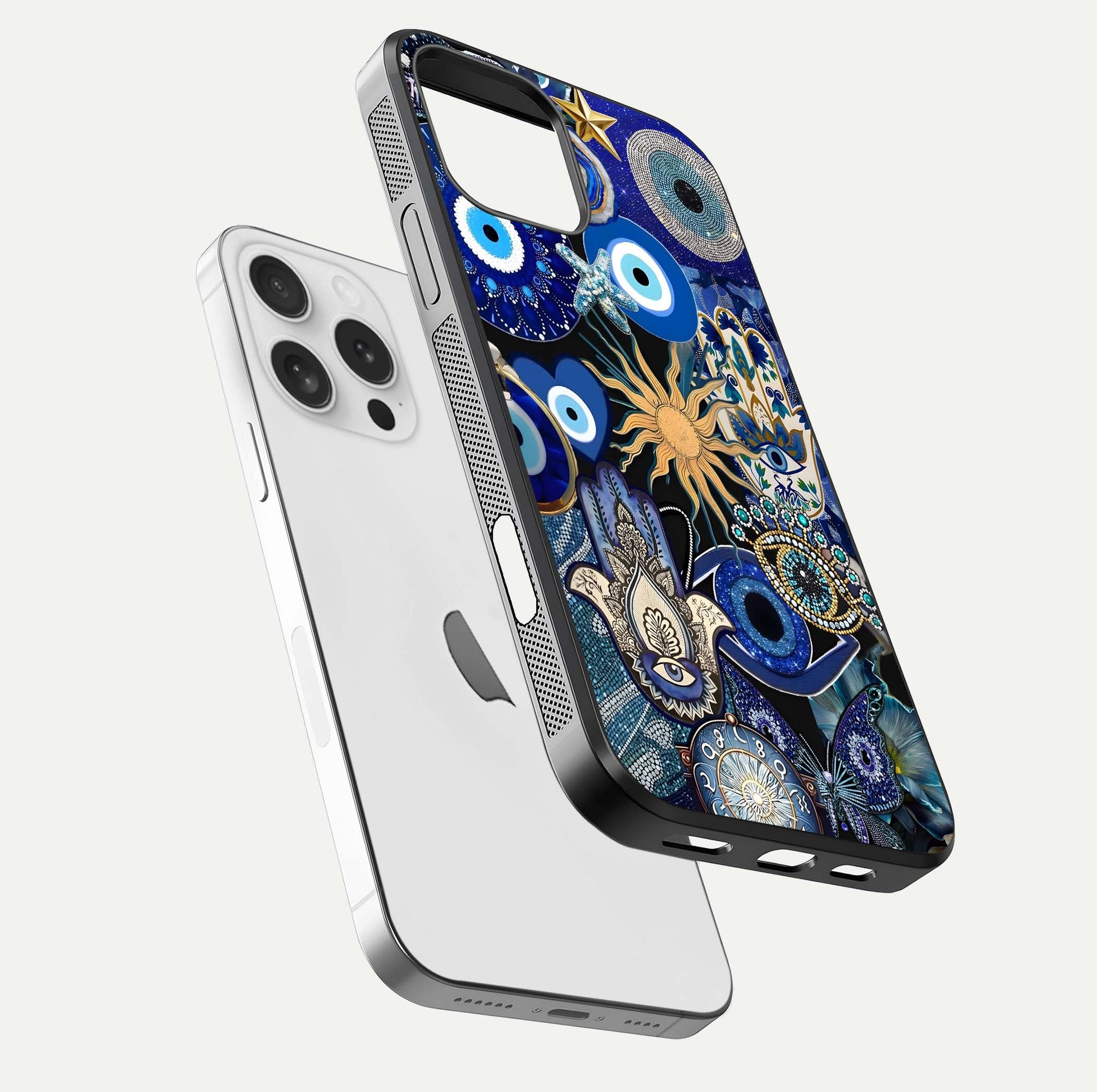 Mystic Blue Evil Eye Glass Case for iPhone 16 Pro floating dual-view mockup showing gloss depth and sacred symbol
