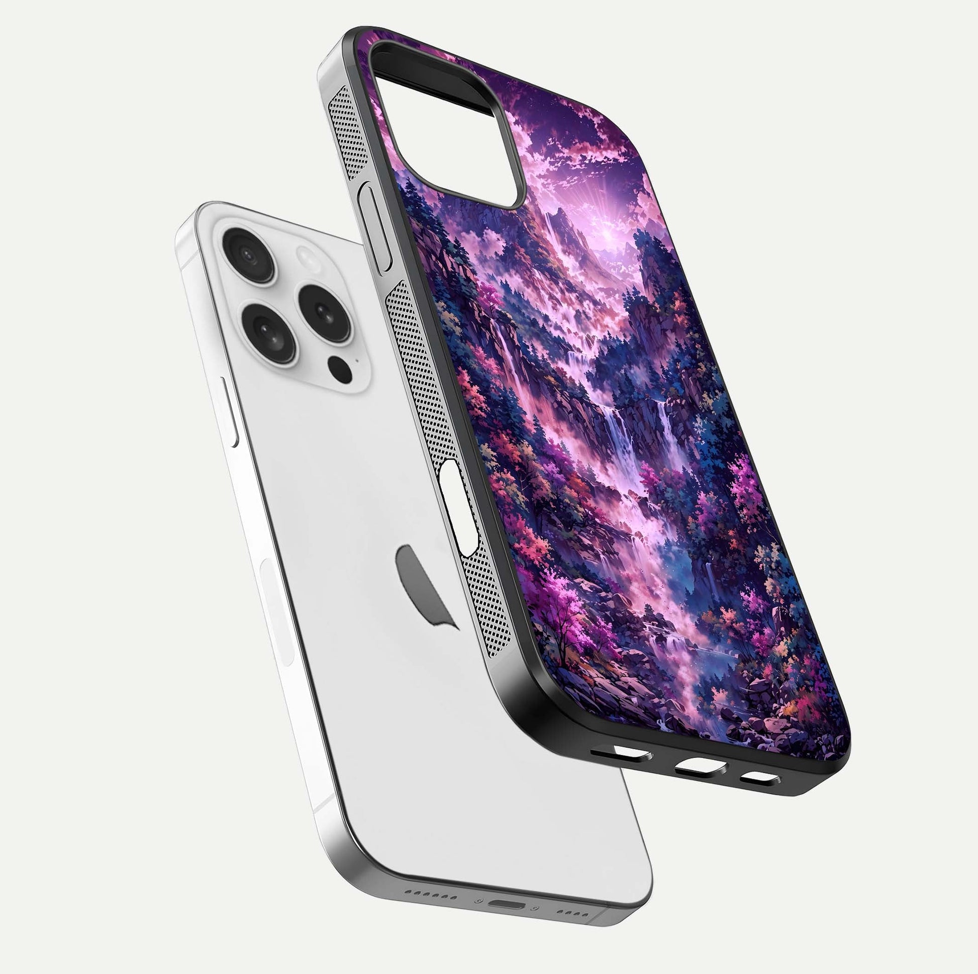 Mystic Cascade Peaks Glass Case for iPhone 16 Pro floating dual-view mockup showing gloss texture and depth