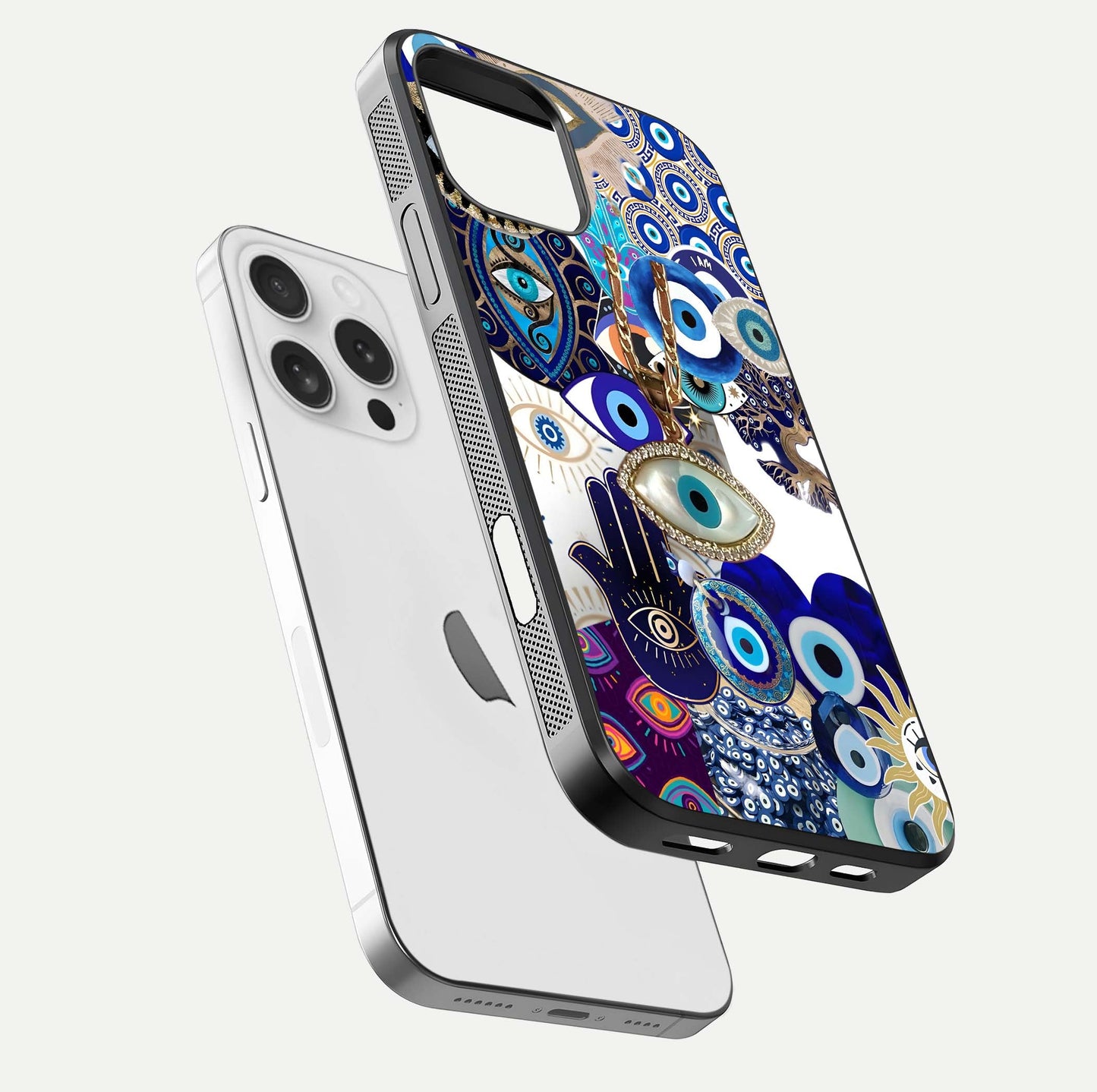 Mystic Charm Eye Glass Case for iPhone 16 Pro floating dual-view mockup showing gloss glow and charm symbol