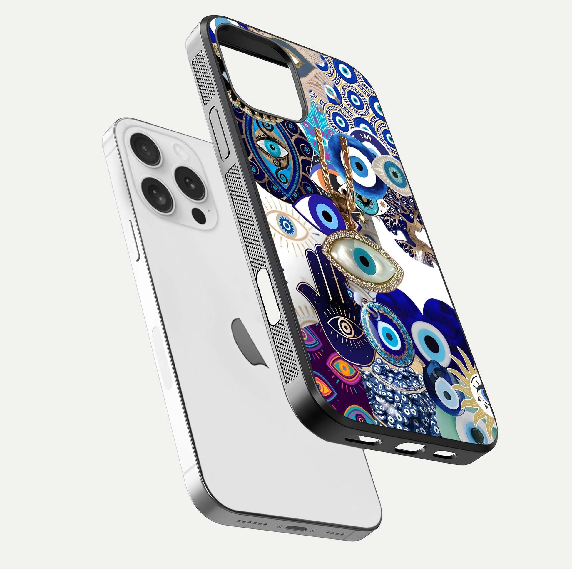 Mystic Charm Eye Glass Case for iPhone 16 Pro floating dual-view mockup showing gloss glow and charm symbol