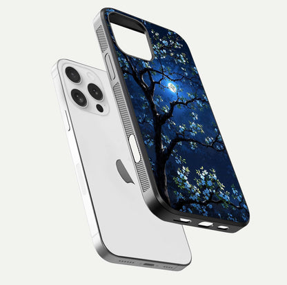 Mystic Floral Night Glass Case for iPhone 16 Pro floating dual-view mockup displaying shine and rich color depth