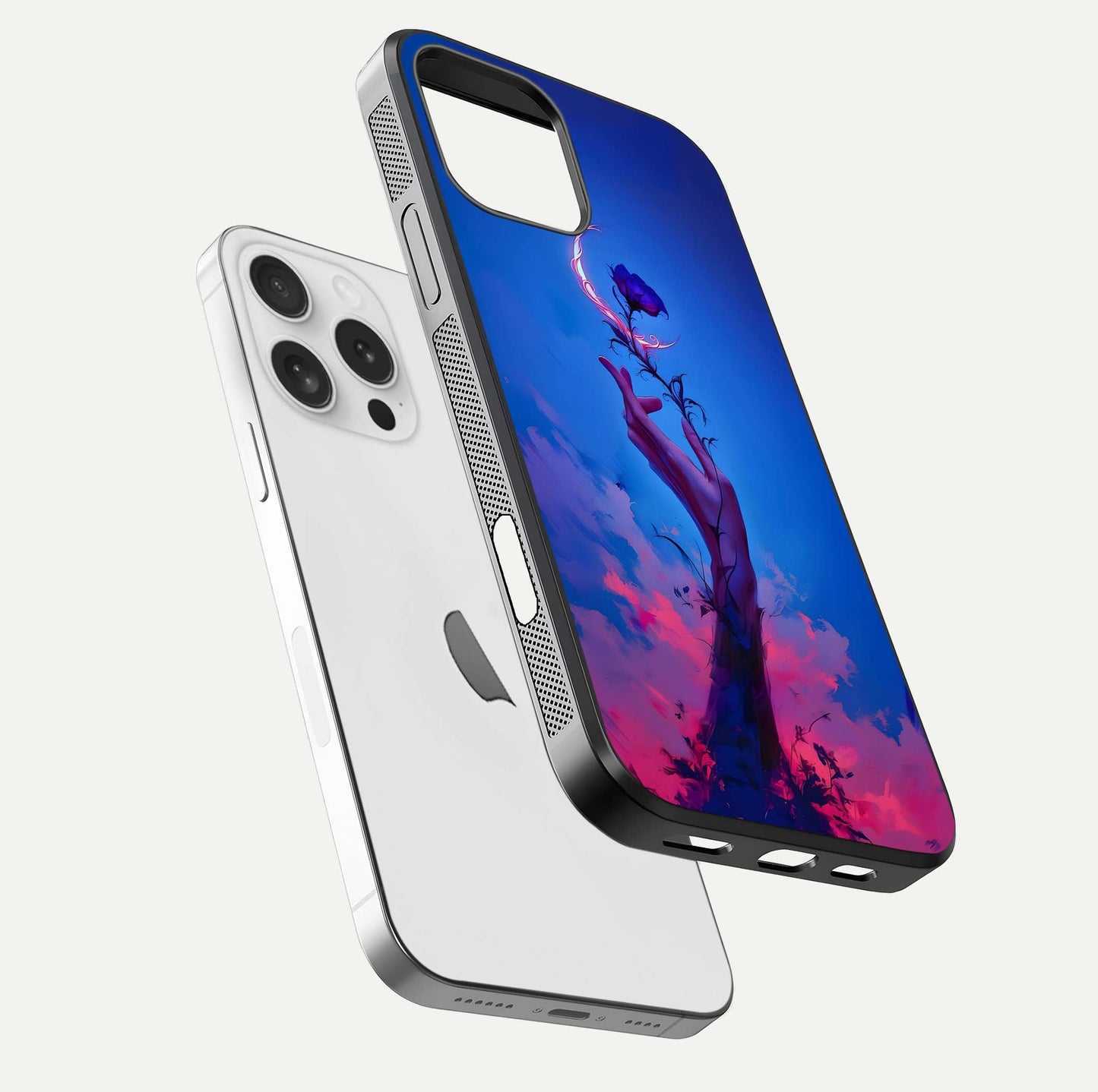Mystic Hand Glass Case for iPhone 16 Pro floating dual-view mockup showing HD shine and fine palm detail