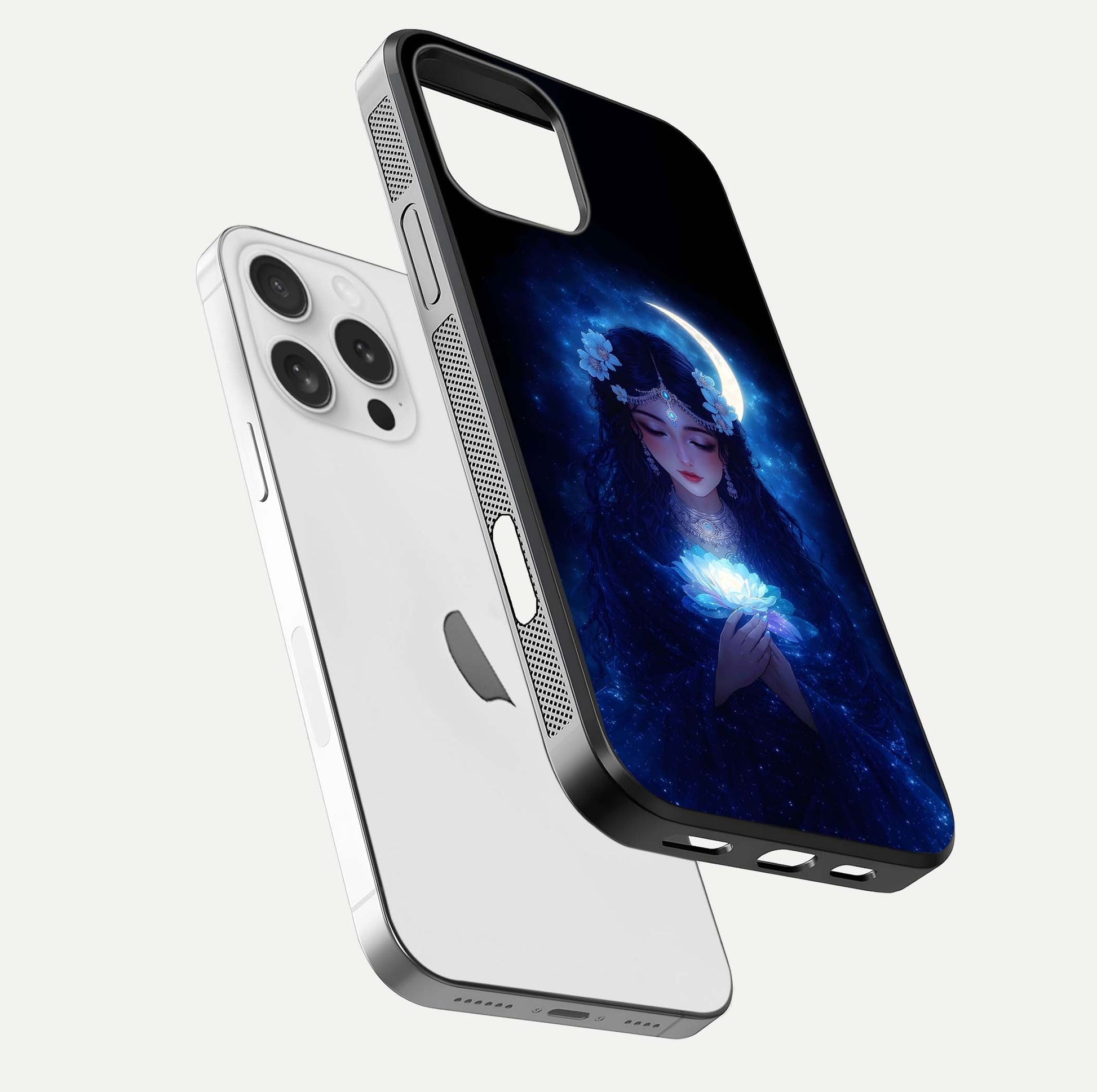 Mystic Moon Queen Glass Case for iPhone 16 Pro floating dual-view mockup showing HD gloss and cosmic glow