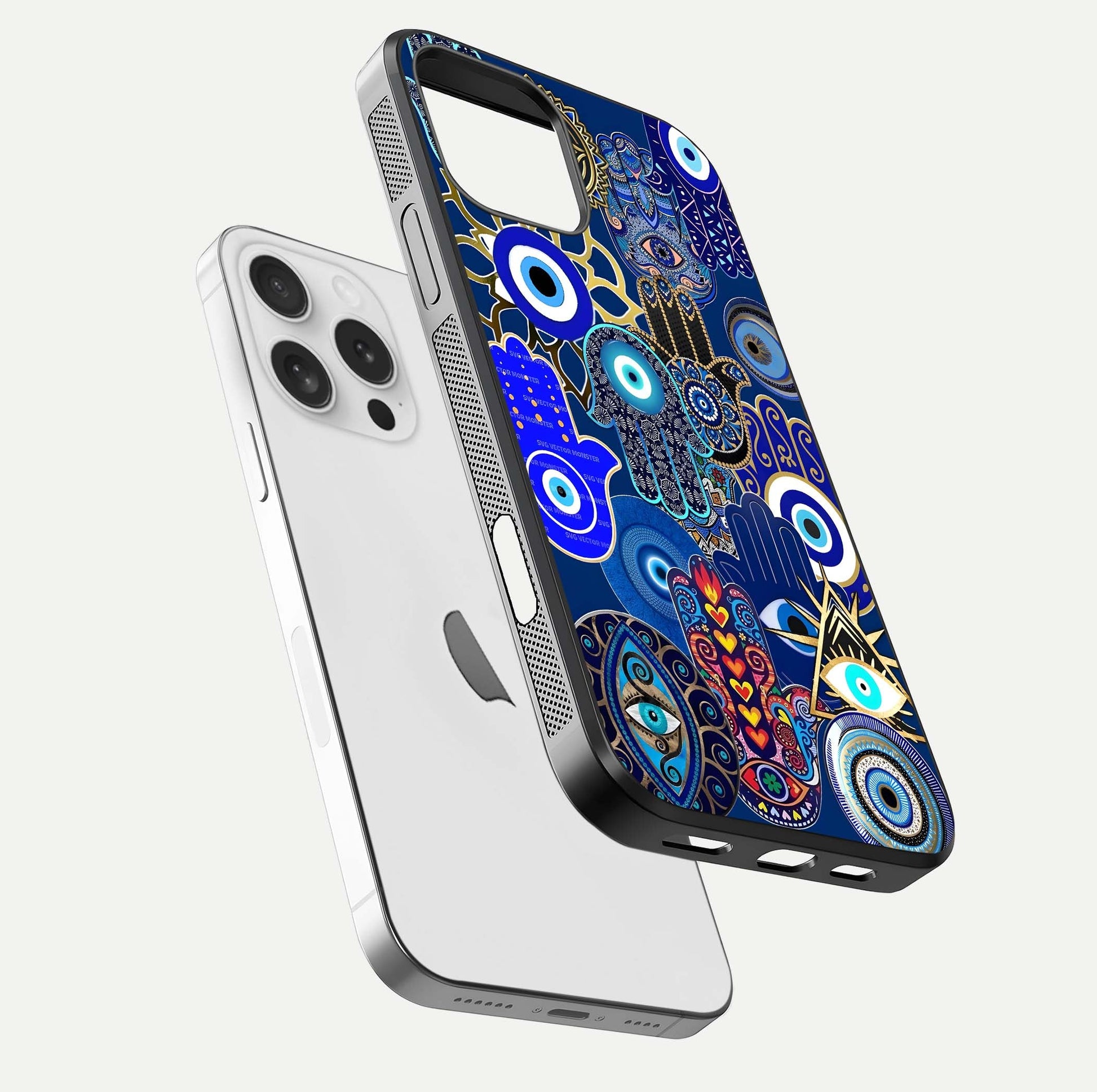 Mystic Palm Guard Glass Case for iPhone 16 Pro floating dual-view mockup showing HD reflection and vivid tone