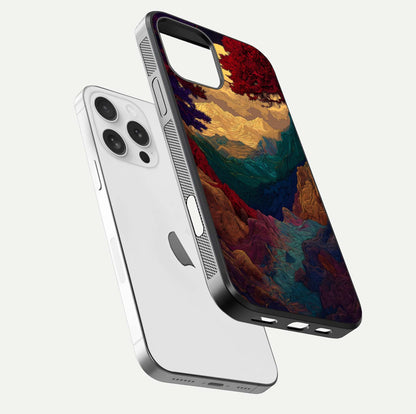 Mystic Valley Light Glass Case for iPhone 16 Pro floating dual-view mockup showing HD gloss and light blend