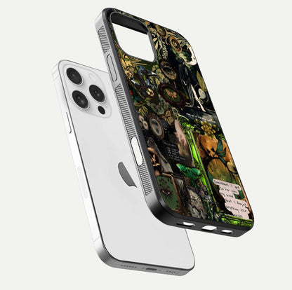 Mystic Woods Secret Glass Case for iPhone 16 Pro floating dual-view mockup showing HD shine and depth