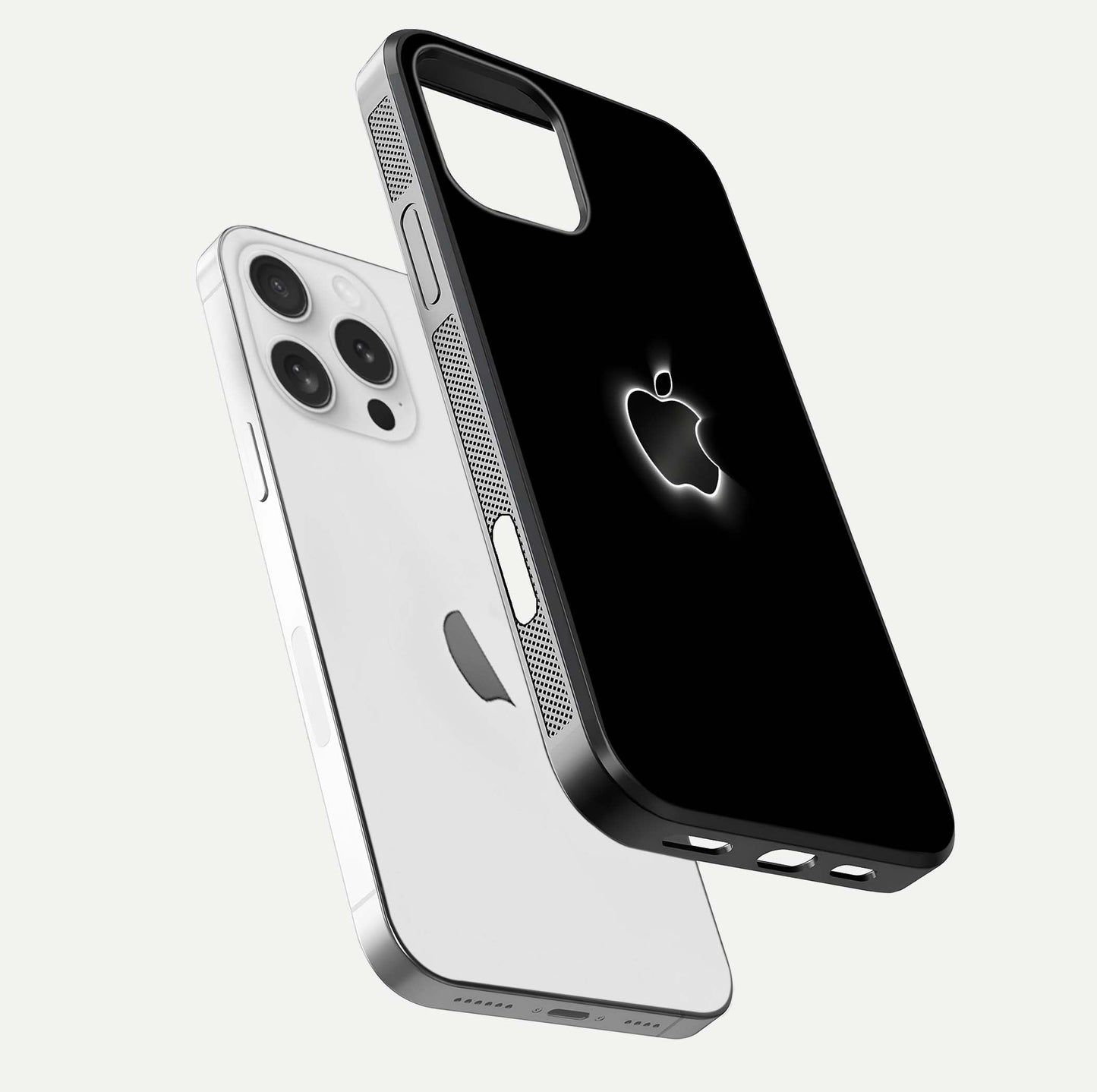 Neon Apple Glow Glass Case for iPhone 16 Pro floating dual-view mockup showing HD shine and modern look