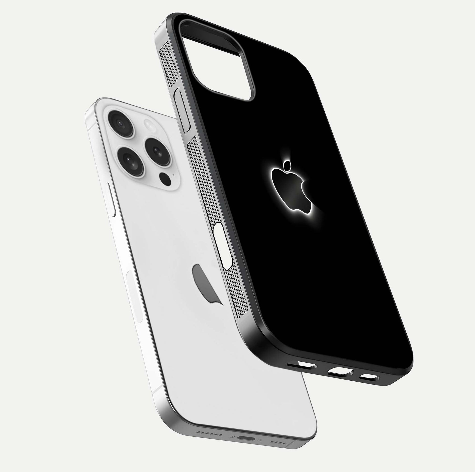 Neon Apple Glow Glass Case for iPhone 16 Pro floating dual-view mockup showing HD shine and modern look