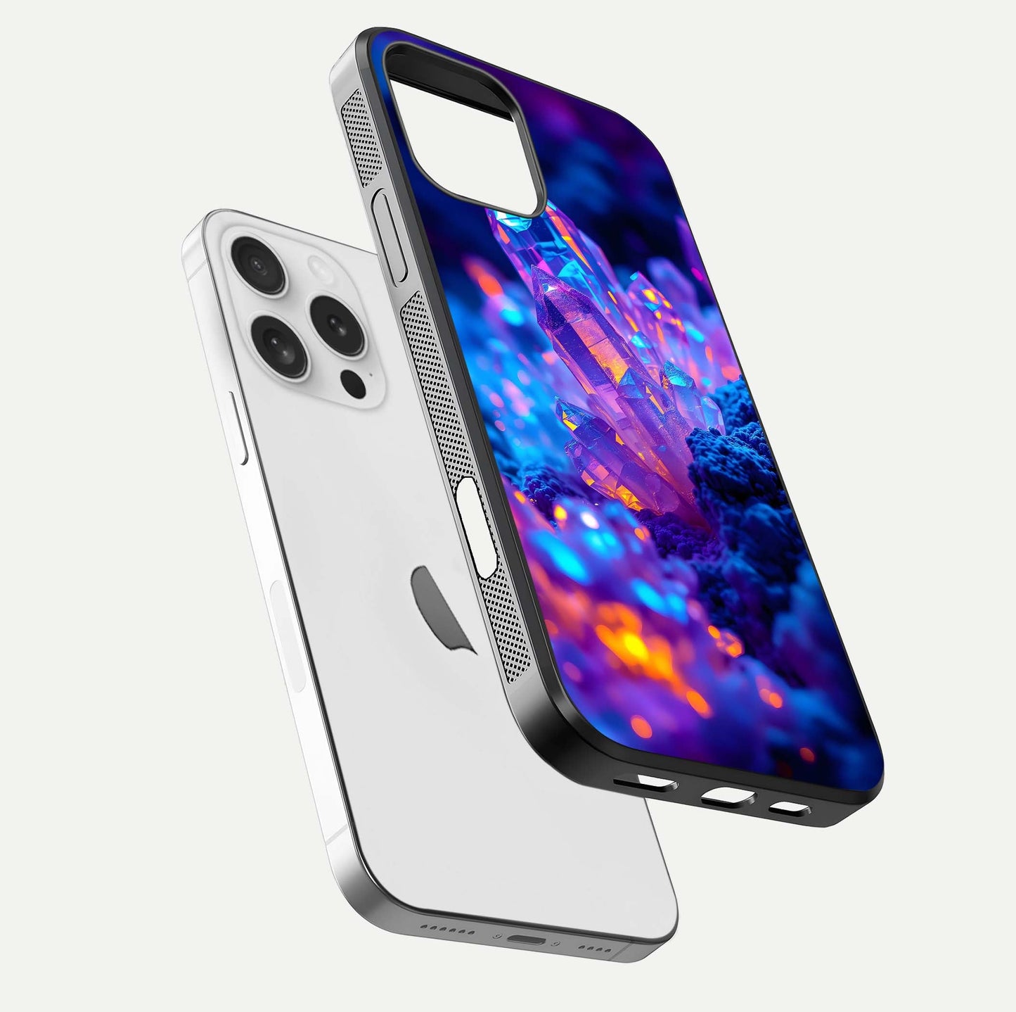Neon Aura Shards Glass Case for iPhone 16 Pro floating dual-view mockup showing HD shine and shard texture