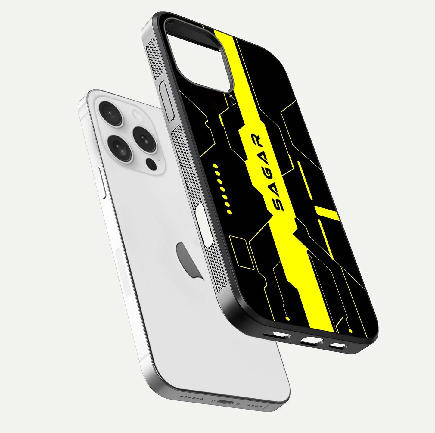 Neon CYBERPUNK Custom Name Glass Case for iPhone 16 Pro floating dual-view mockup showing HD shine and neon lines