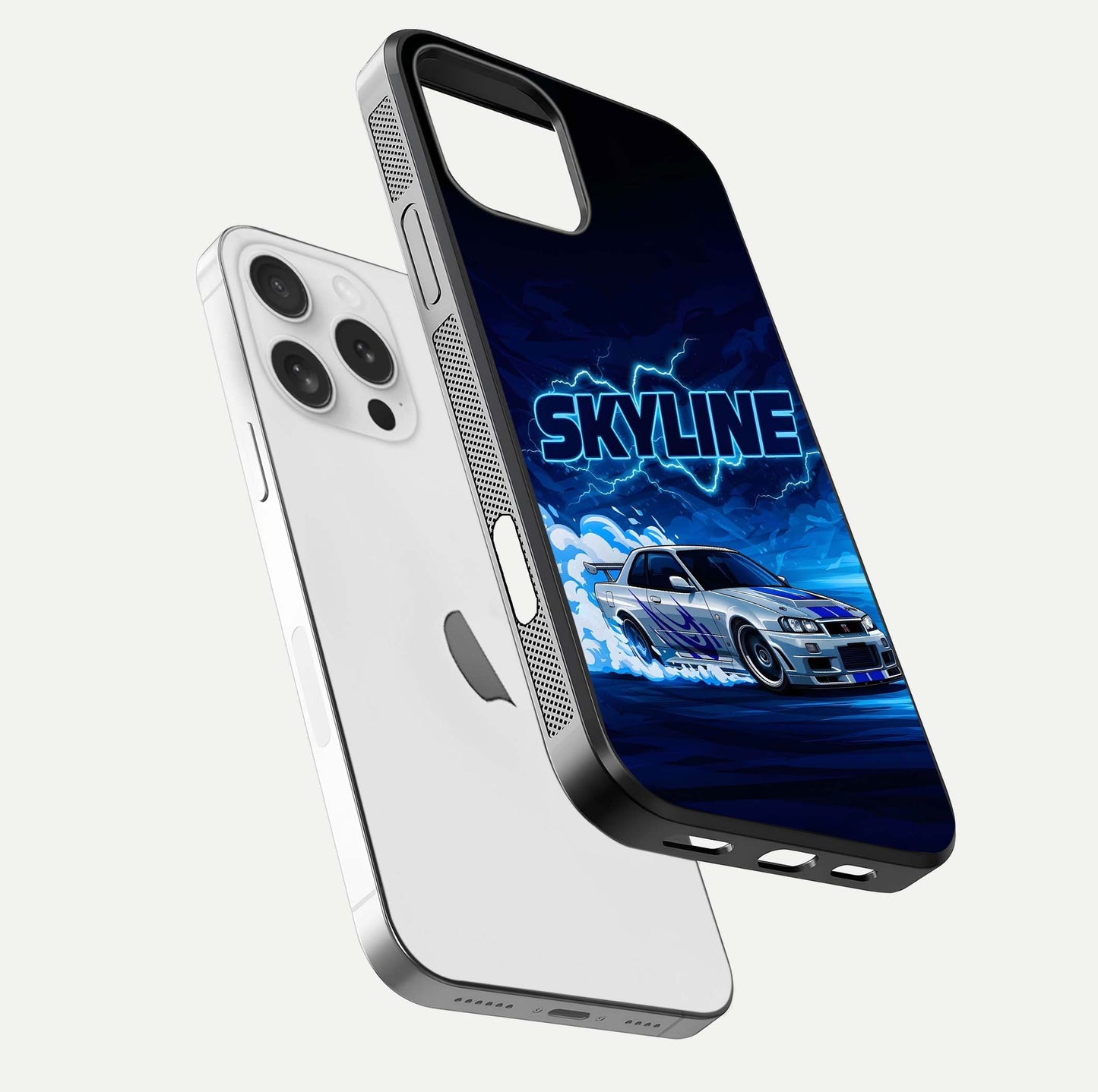 Neon Drift Beast Glass Case for iPhone 16 Pro floating dual-view mockup showing gloss texture and motion glow