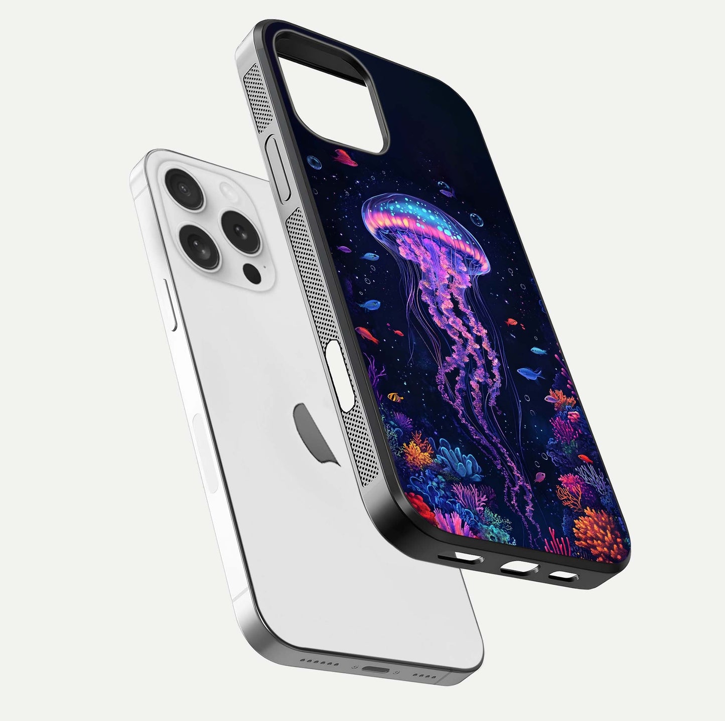 Neon Jellyfish Glass Case for iPhone 16 Pro floating dual-view mockup showing gloss texture and underwater glow
