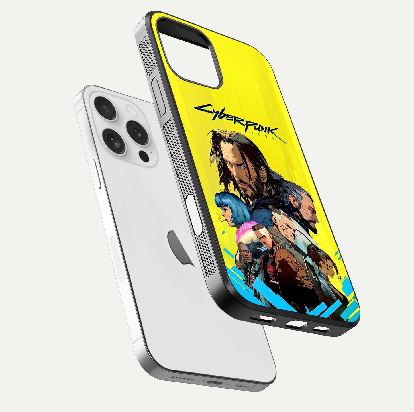 Neon Rebel Genesis Glass Case for iPhone 16 Pro floating dual-view mockup showing electric glow and depth