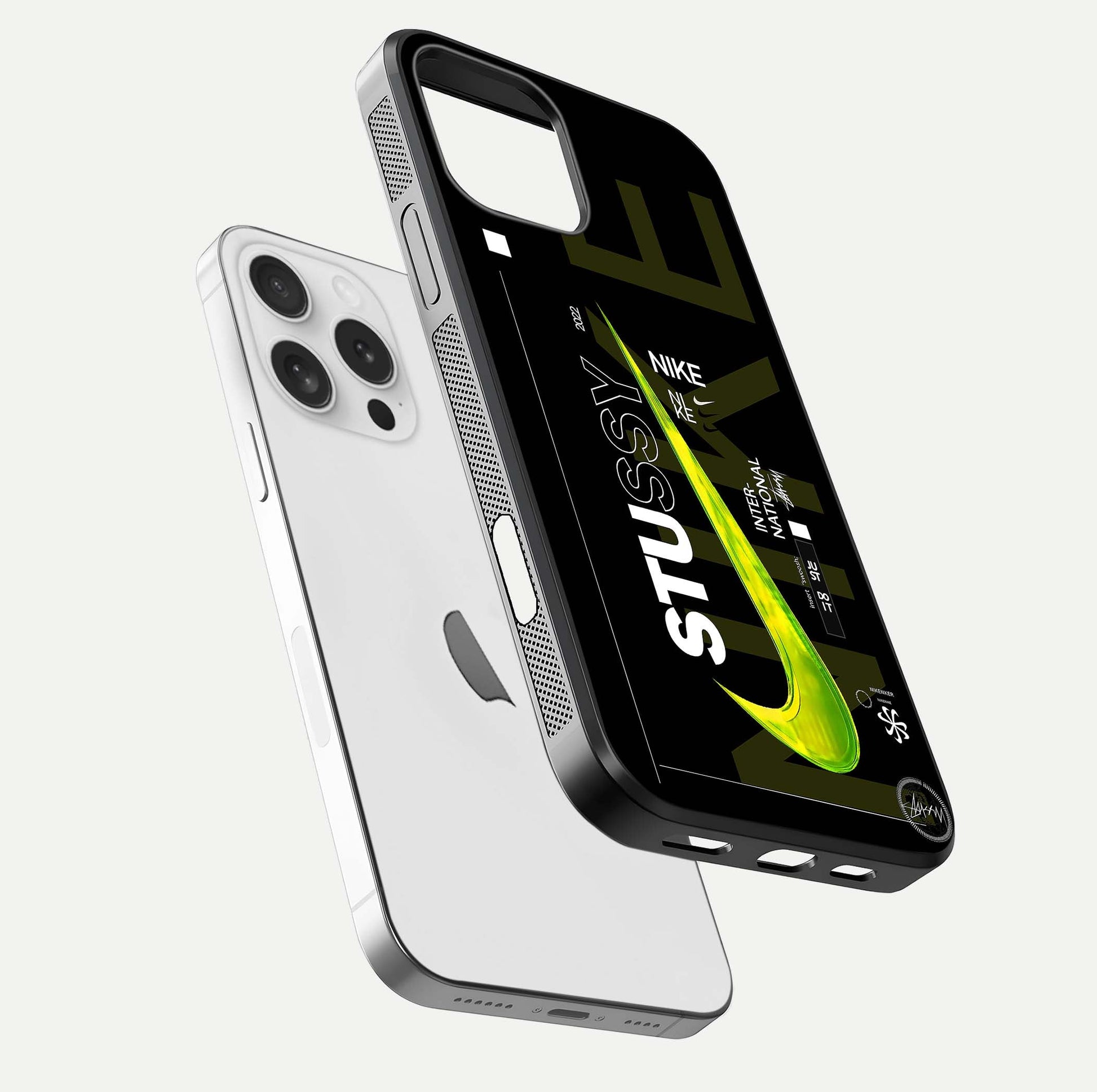 Neon Street Edition Glass Case for iPhone 16 Pro floating dual-view mockup showing HD gloss and neon glow