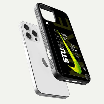 Neon Street Edition Glass Case for iPhone 16 Pro floating dual-view mockup showing HD gloss and neon glow