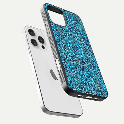 Ocean Bloom Mandala Glass Case for iPhone 16 Pro floating dual-view mockup showing gloss texture and print depth