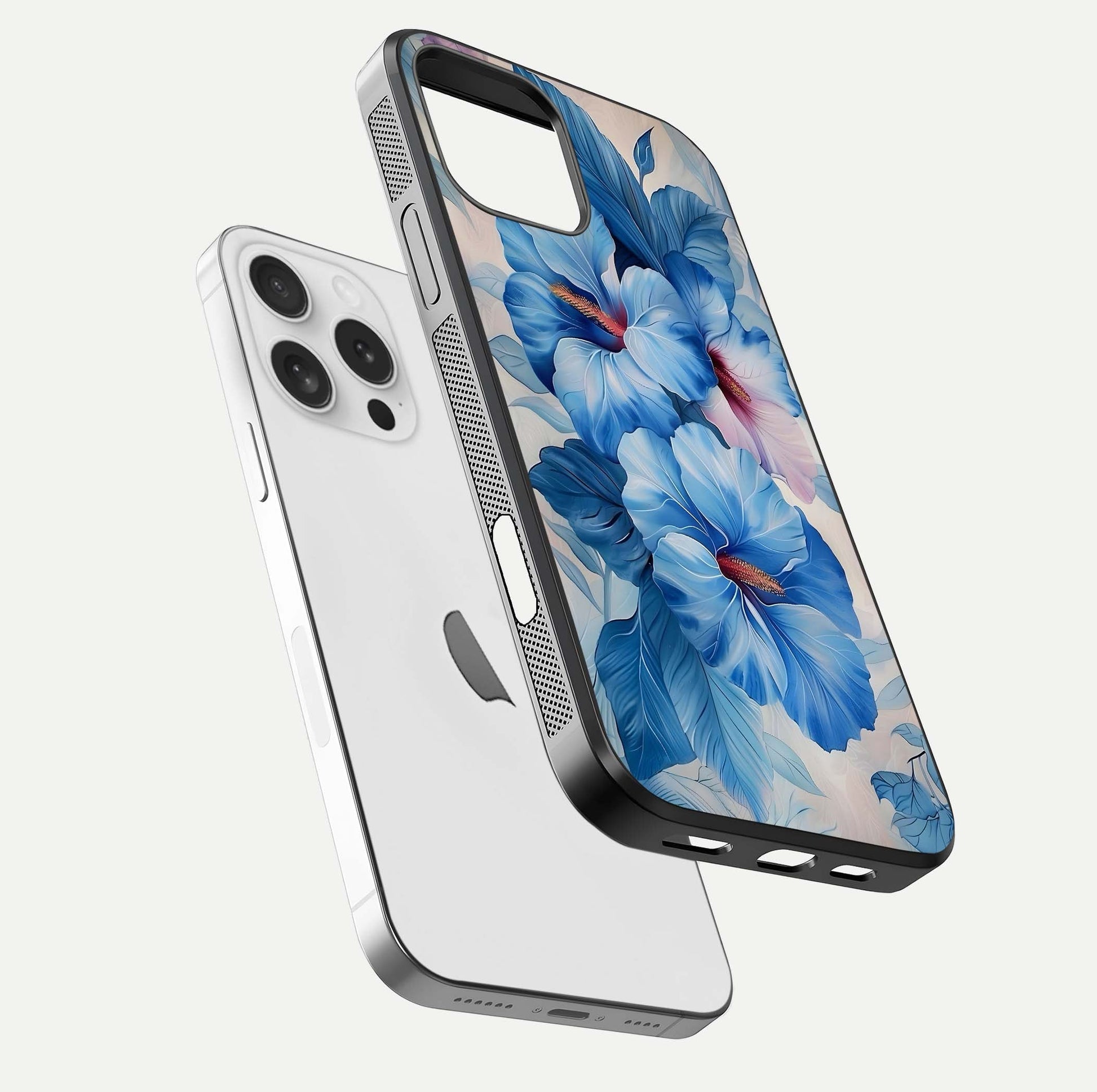 Ocean Hibiscus Grace Glass Case for iPhone 16 Pro floating dual-view mockup showing gloss reflection and print clarity