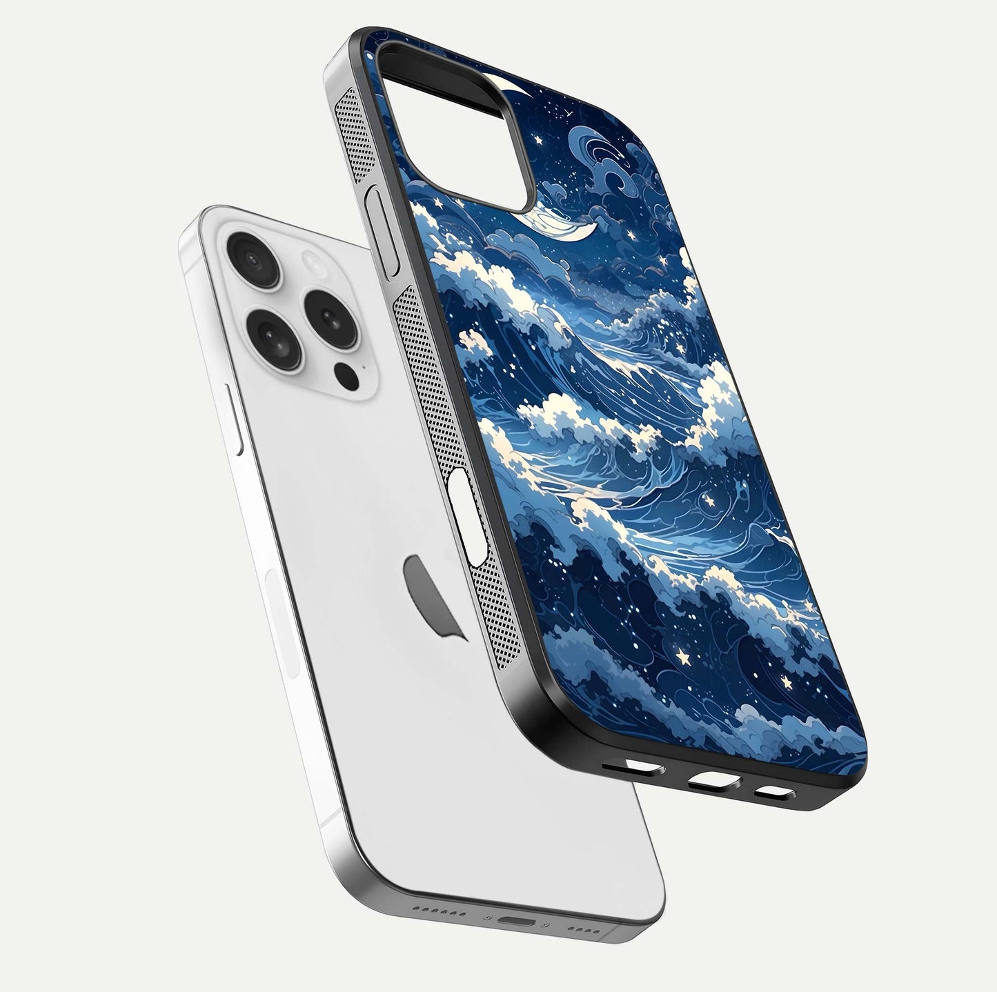 Ocean Moon Waves Glass Case for iPhone 16 Pro floating dual-view mockup showing gloss texture and moon glow