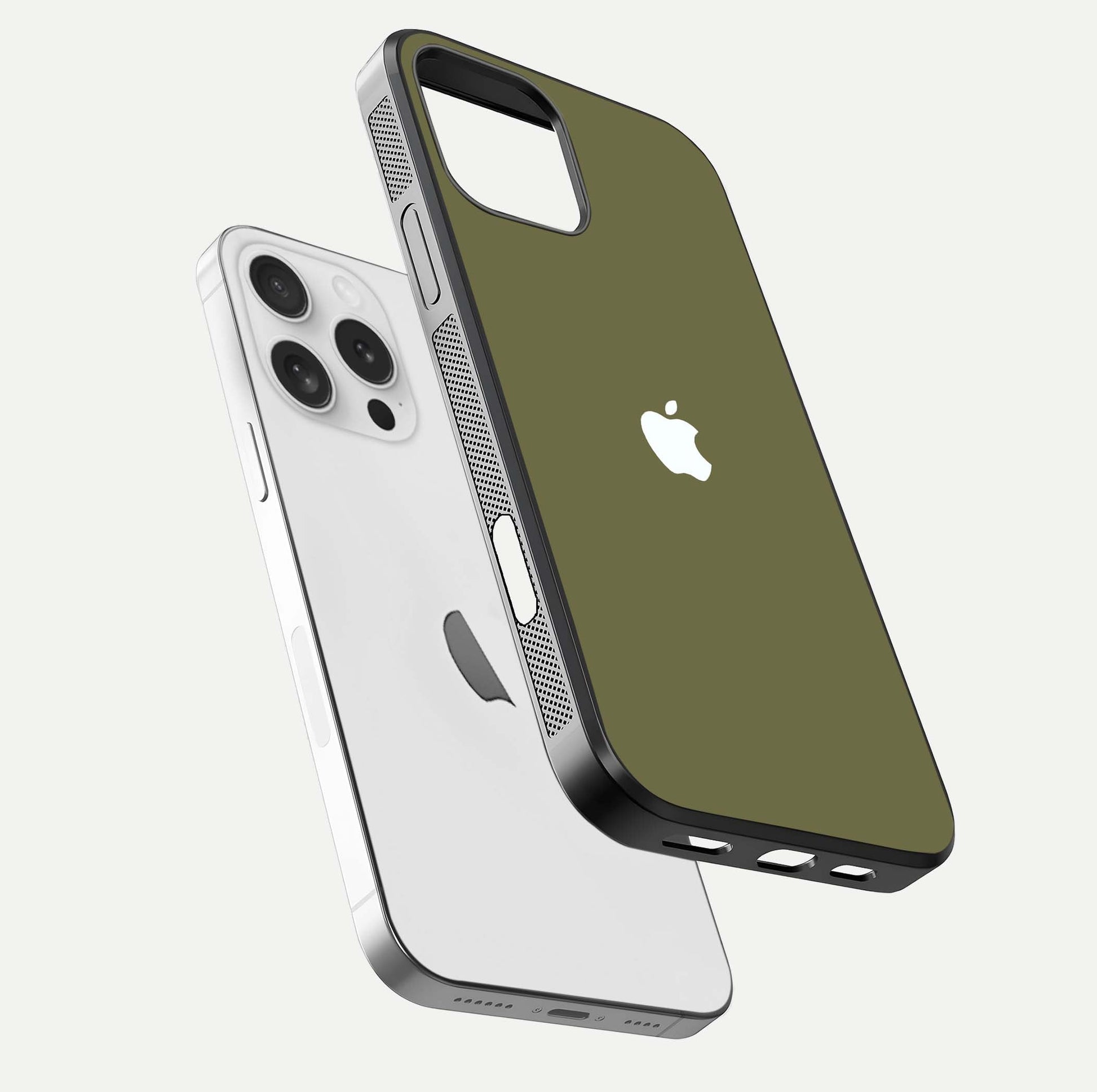 Olive Matte Essence Glass Case for iPhone 16 Pro floating dual-view mockup showing matte gloss and depth