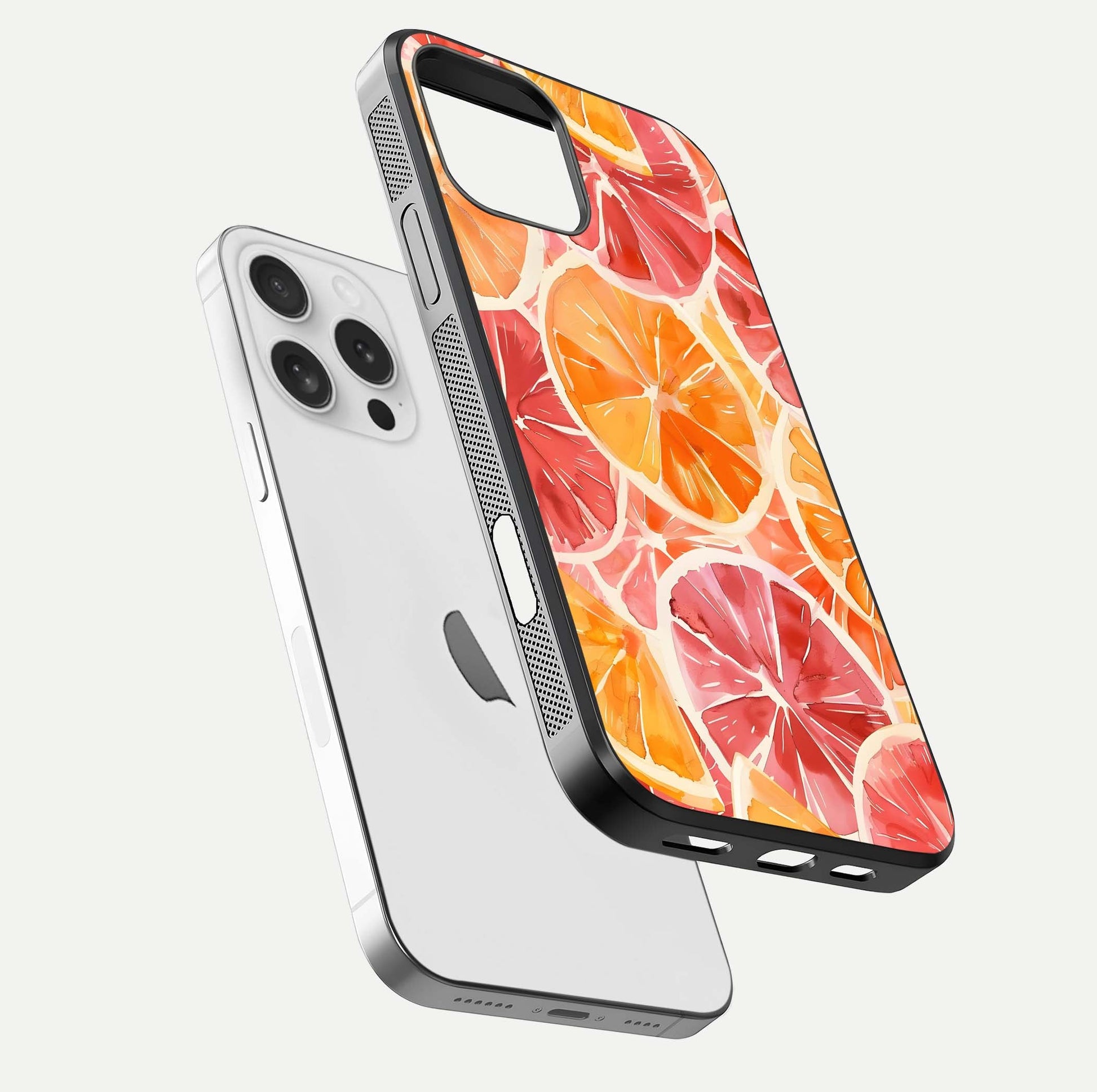 Orange Fruits Pattern Glass Case for iPhone 16 Pro floating dual-view mockup showing gloss reflection and HD tone