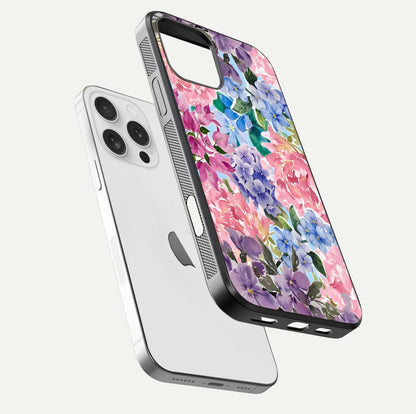 Pastel Floral Mix Glass Case for iPhone 16 Pro floating dual-view mockup showing HD gloss and floral texture