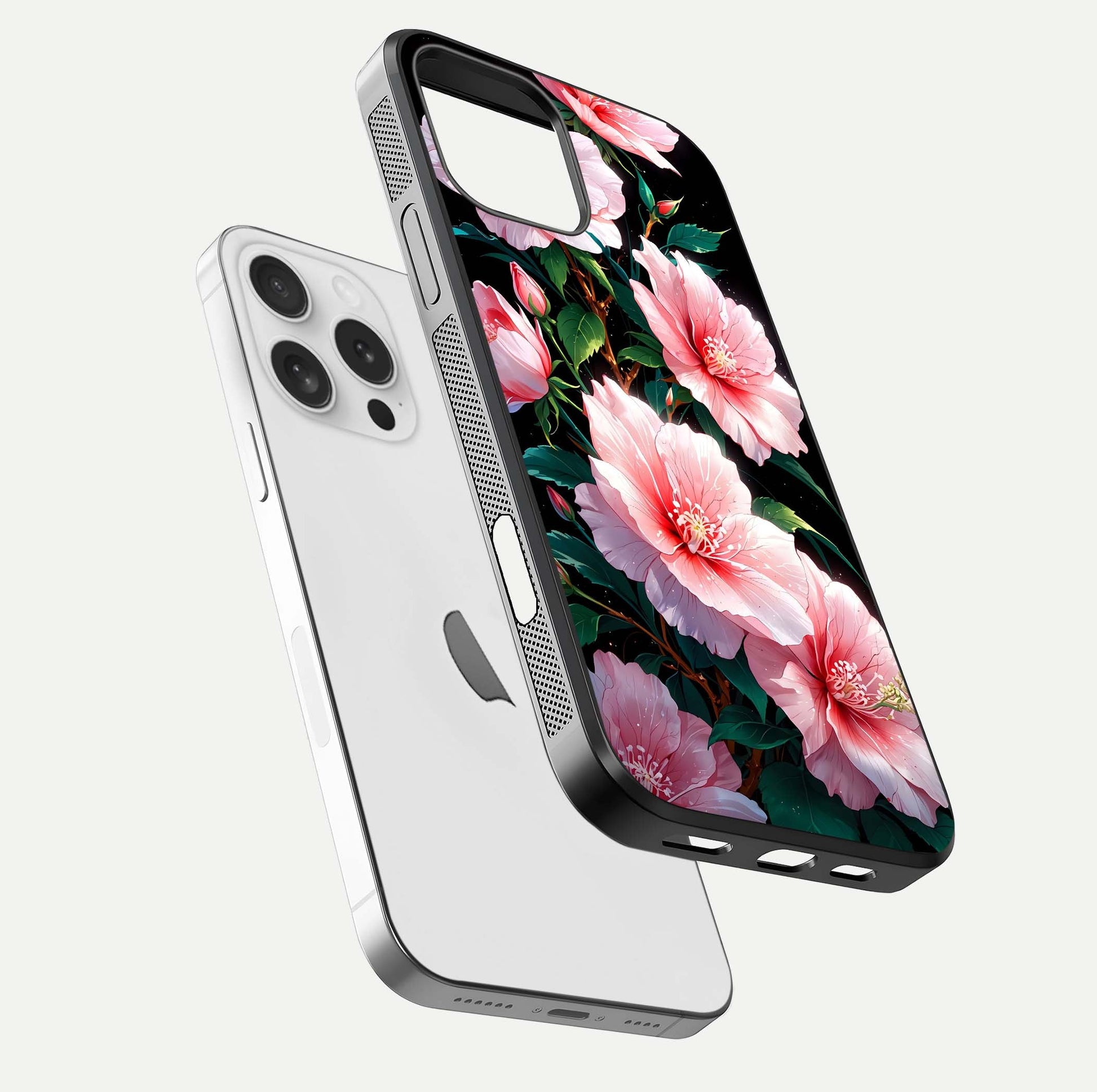 Peach Flower Glass Case for iPhone 16 Pro floating dual-view mockup displaying shine and delicate flower art