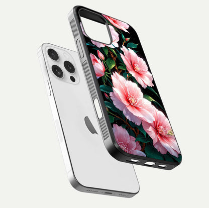 Peach Flower Glass Case for iPhone 16 Pro floating dual-view mockup displaying shine and delicate flower art