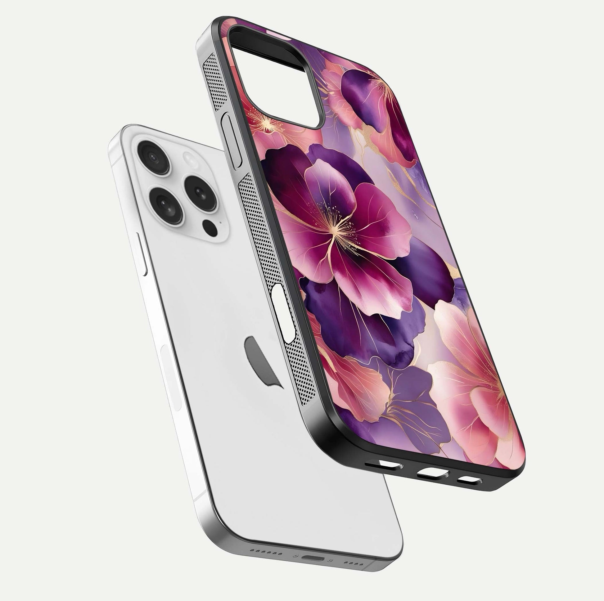 Pink Bouquet Florals Glass Case for iPhone 16 Pro floating dual-view mockup showing gloss surface and color depth
