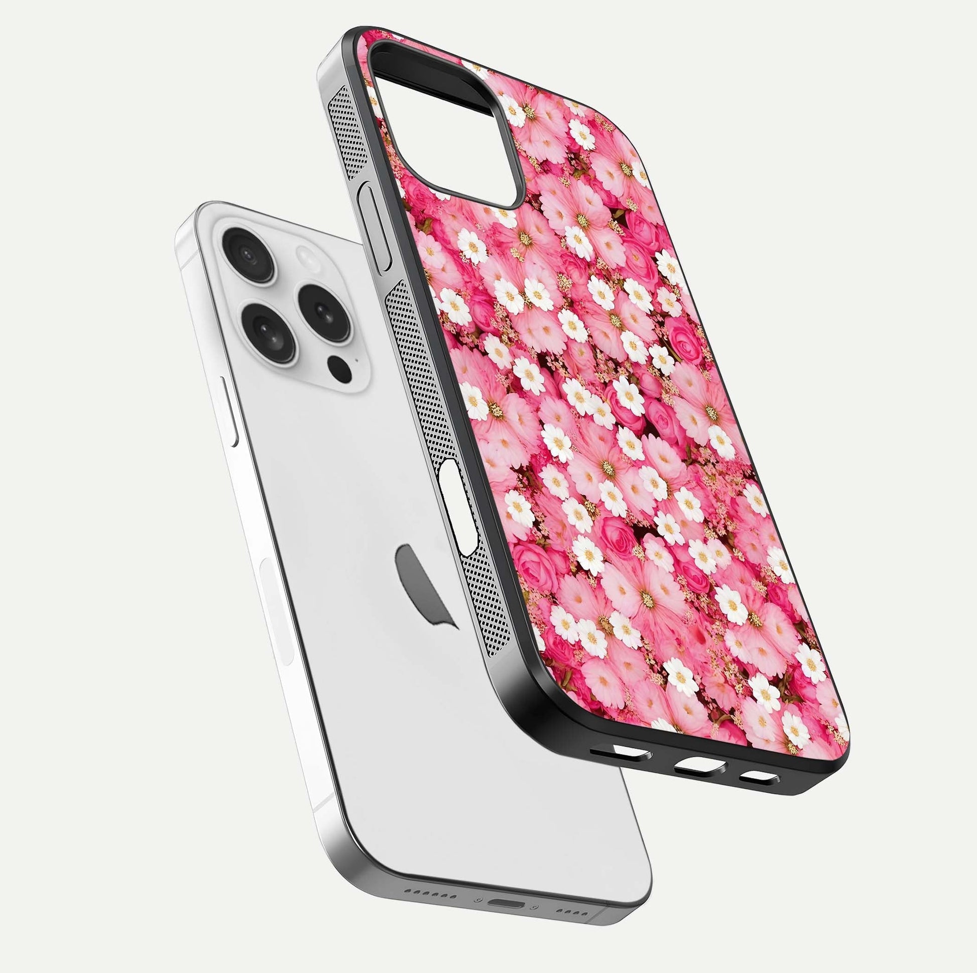 Pink Daisy Bliss Glass Case for iPhone 16 Pro floating dual-view mockup displaying gloss shine and pastel tones