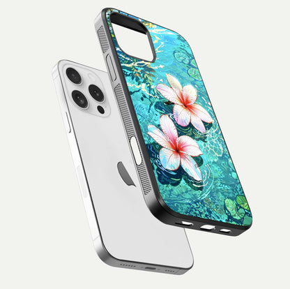 Pink Flowers in Water Glass Case for iPhone 16 Pro floating dual-view mockup showing gloss and floral clarity