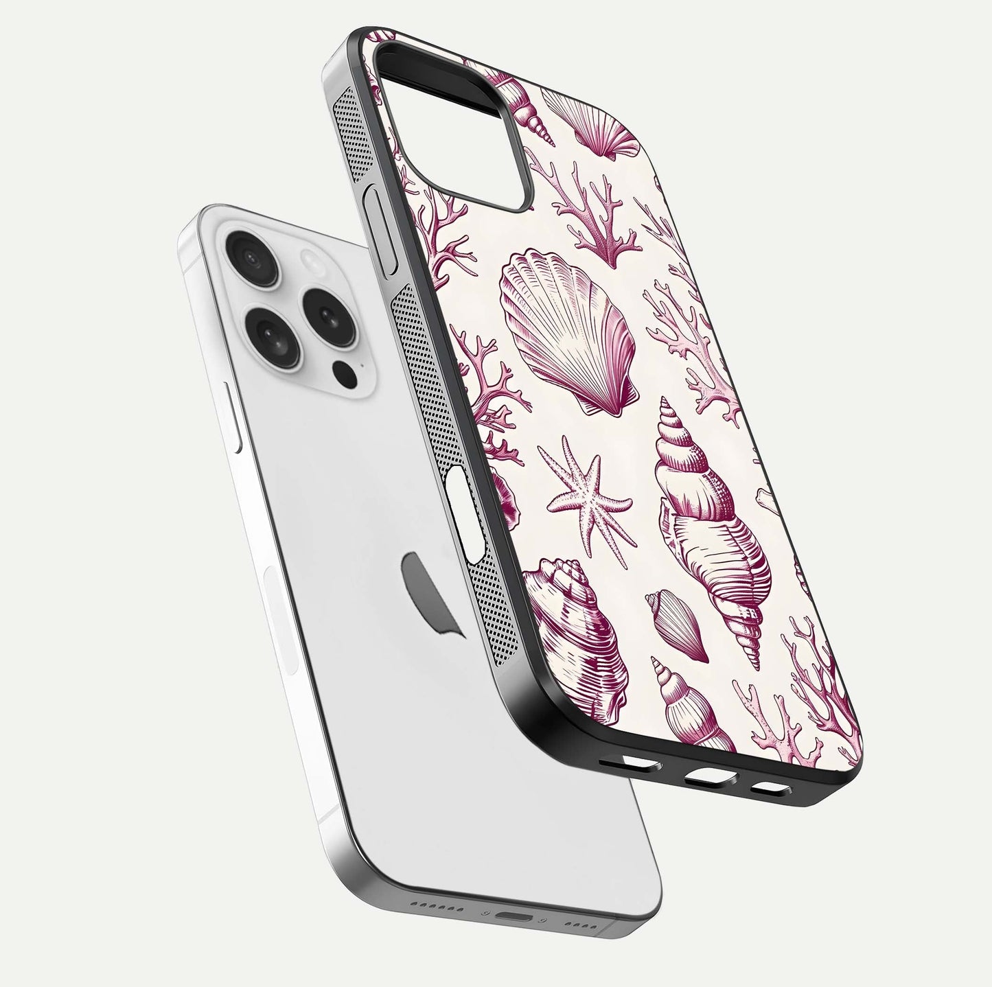 Pink Shells Outline Glass Case for iPhone 16 Pro floating dual-view mockup displaying gloss and ocean vibe