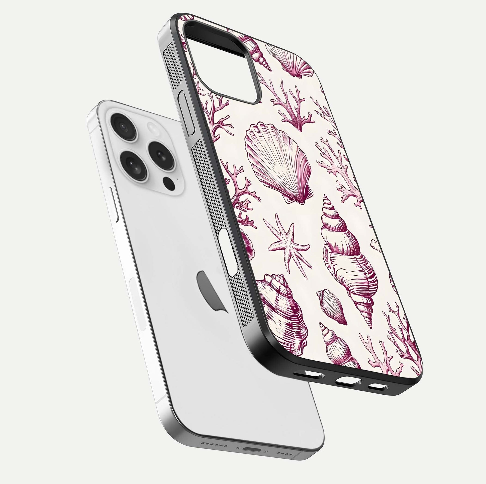 Pink Shells Outline Glass Case for iPhone 16 Pro floating dual-view mockup displaying gloss and ocean vibe