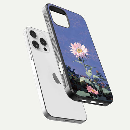 Pink Sunflower Glow Glass Case for iPhone 16 Pro floating dual-view mockup showing gloss reflection and design depth