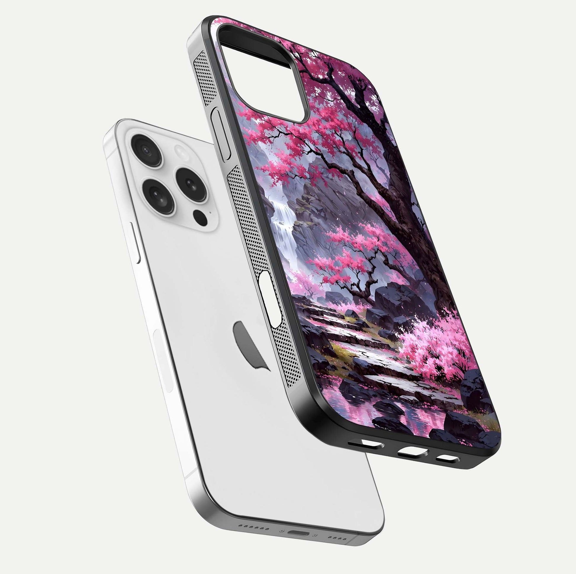 Pinkish Scenery Glass Case for iPhone 16 Pro floating dual-view mockup displaying gloss shine and artistic tone