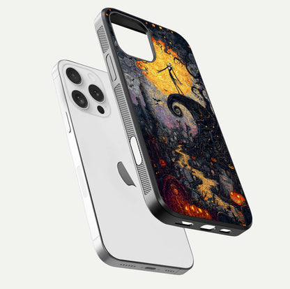 Pumpkin Moon Night Glass Case for iPhone 16 Pro floating dual-view mockup showing HD gloss and spooky detail