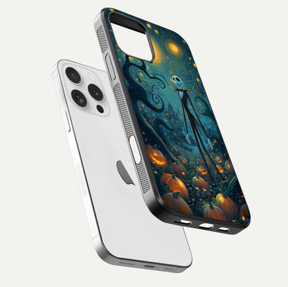 Pumpkin Moonlight Tale Glass Case for iPhone 16 Pro floating dual-view mockup showing HD gloss and eerie design