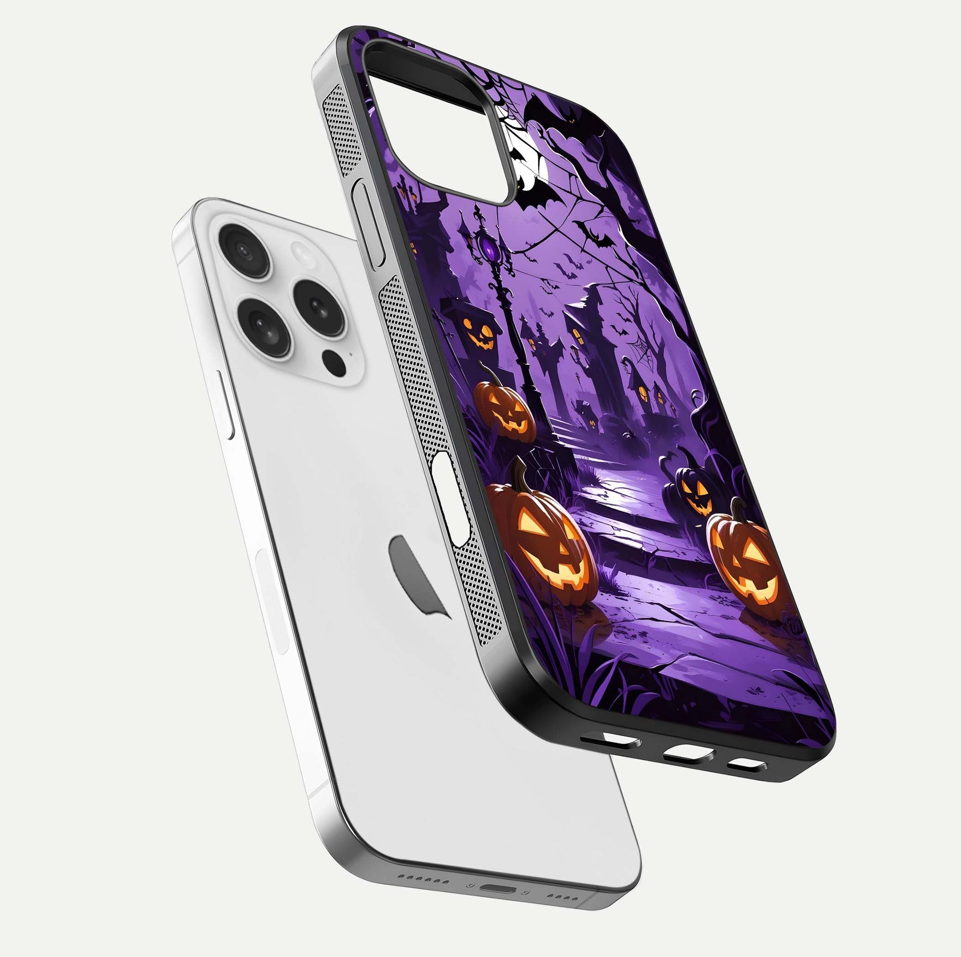 Pumpkin Patch Halloween Glass Case for iPhone 16 Pro floating dual-view mockup displaying gloss and dark tone