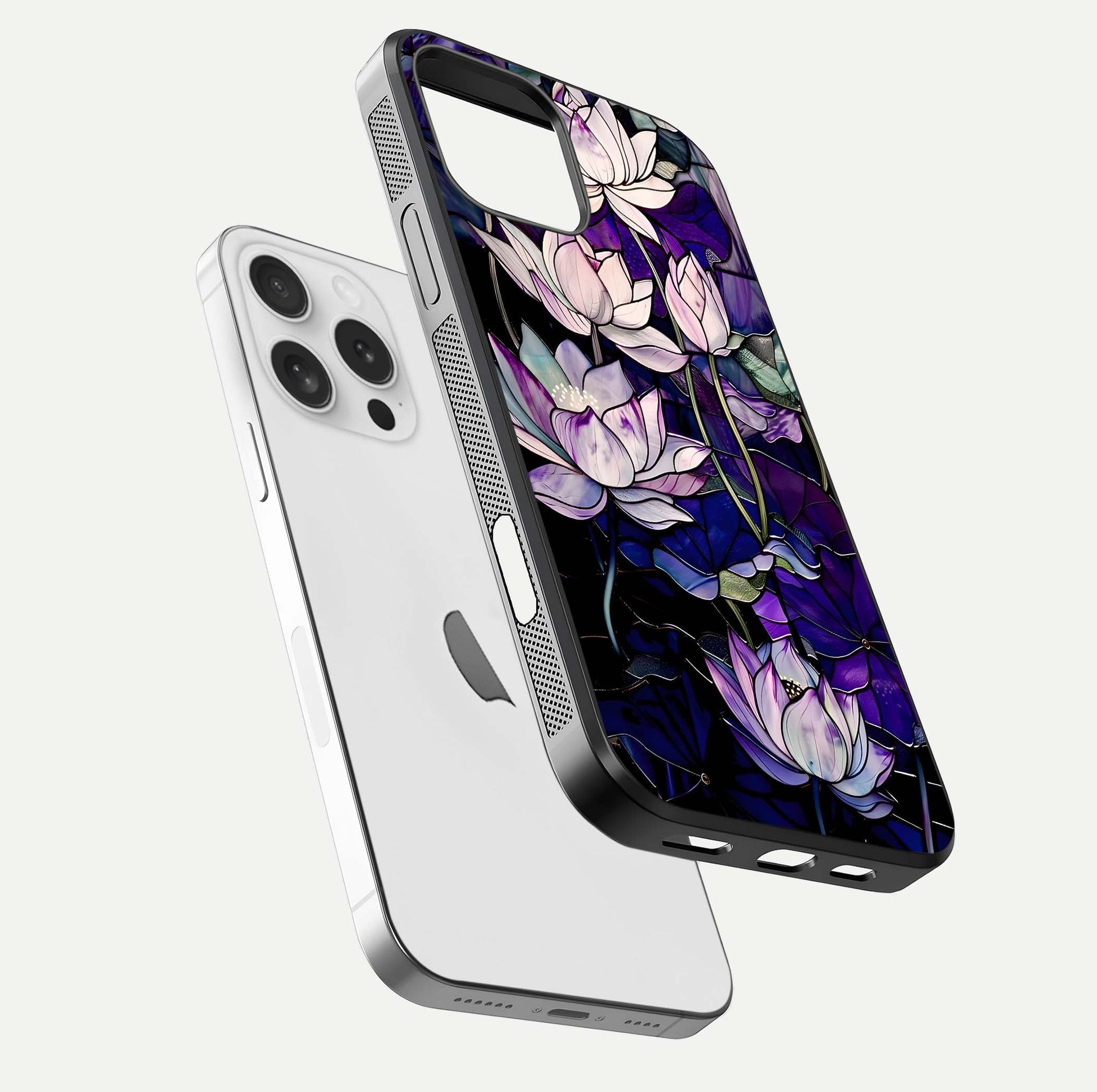 Purple Lotus Pattern Glass Case for iPhone 16 Pro floating dual-view mockup showing glass shine and vivid purple hue