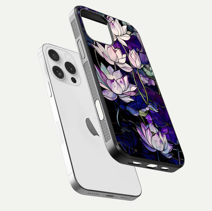 Purple Lotus Pattern Glass Case for iPhone 16 Pro floating dual-view mockup showing glass shine and vivid purple hue