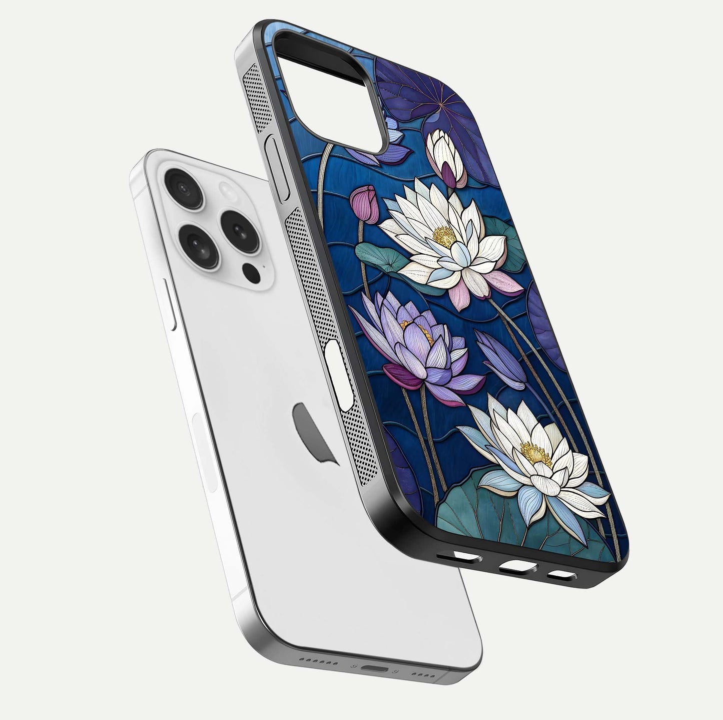 Purple Lotus Stained Glass Case for iPhone 16 Pro floating dual-view mockup displaying color depth and glass clarity