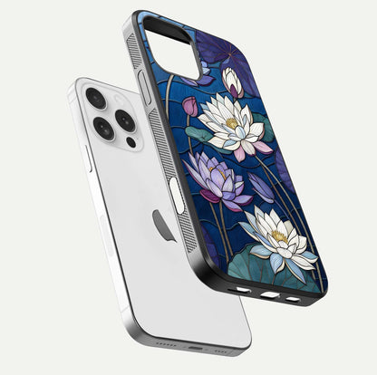 Purple Lotus Stained Glass Case for iPhone 16 Pro floating dual-view mockup displaying color depth and glass clarity