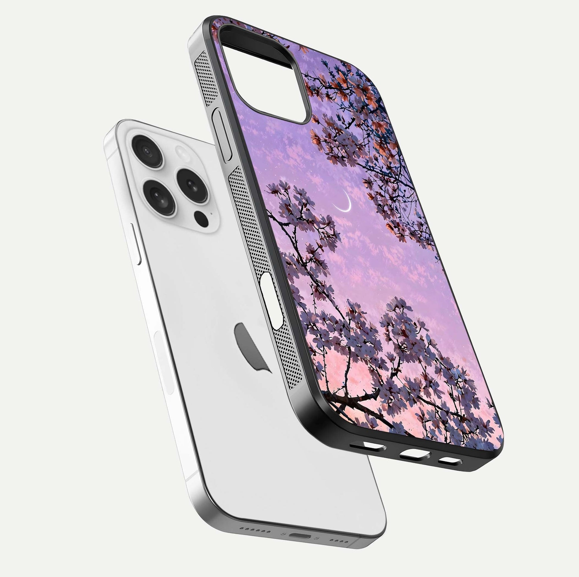 Purple Serenity Moon Glass Case for iPhone 16 Pro floating dual-view mockup showing gloss and cosmic detail